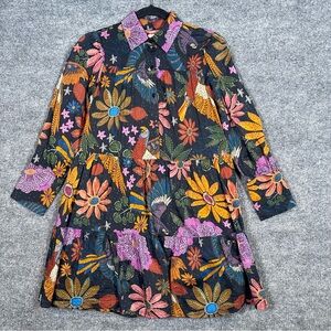 Sal Rosa Womens Small Multicolor Artsy Floral Long Sleeve Mini Dress Silk Cotton